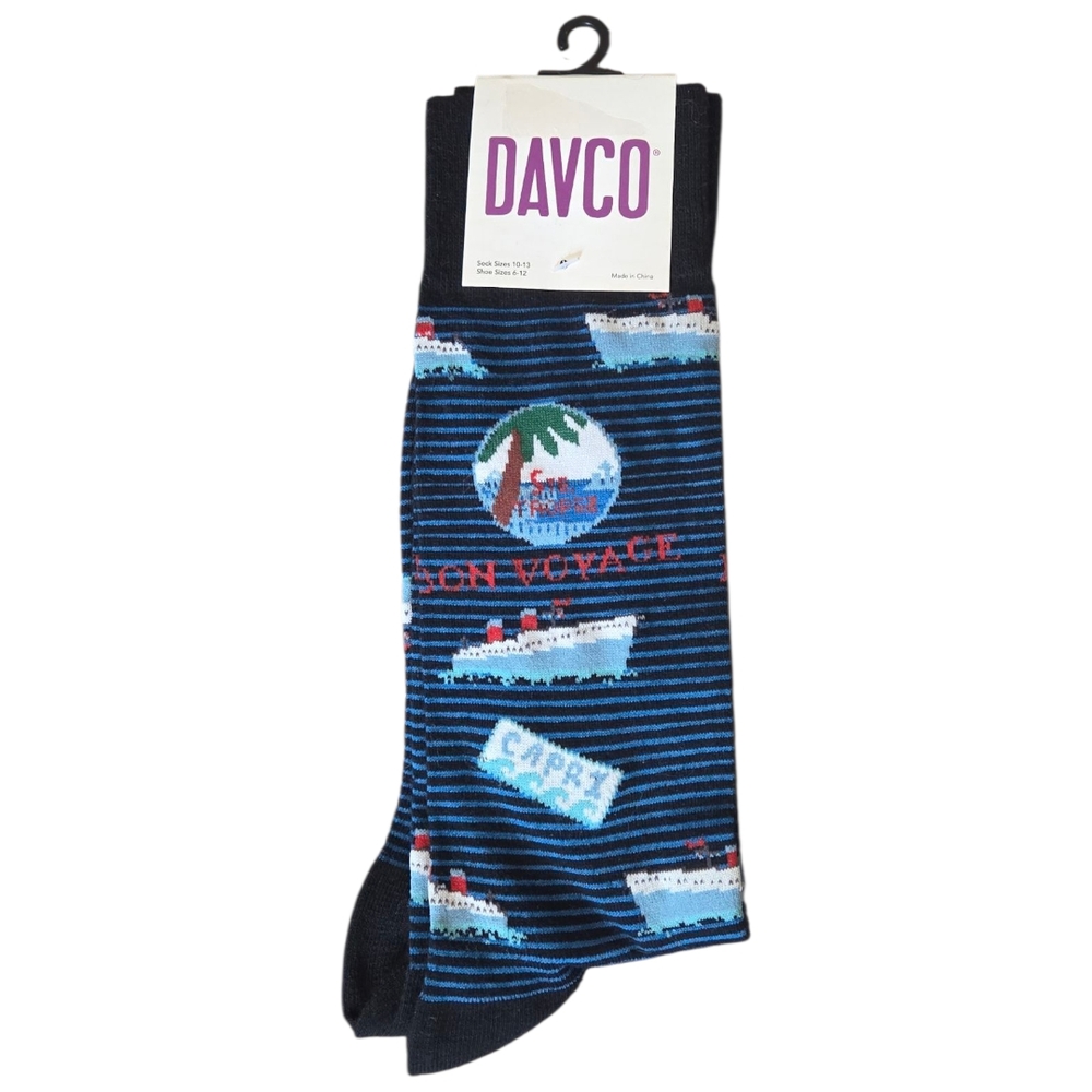 DAVCO NWT Men's Coastal Blue  Black Striped Socks Nautical Paradise Gift Vacatio